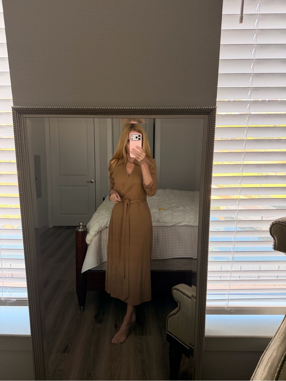 Alex Marie Camel Wrap Midi Dress with Self Tie